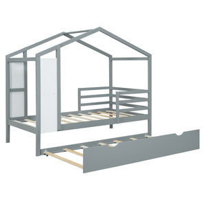 HomeRoots Gray Wood Twin House Bed with Trundle – Cozy, Stylish Design for Kids' Rooms & Sleepovers, Sturdy Support 590675