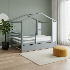 HomeRoots Gray Wood Full House Bed with Trundle - Modern, Space-Saving Design for Stylish Sleep Solutions 590676