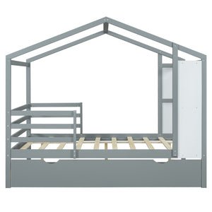 HomeRoots Gray Wood Full House Bed with Trundle - Modern, Space-Saving Design for Stylish Sleep Solutions 590676