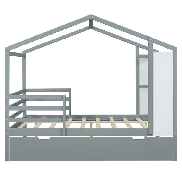 HomeRoots Gray Wood Full House Bed with Trundle - Modern, Space-Saving Design for Stylish Sleep Solutions 590676