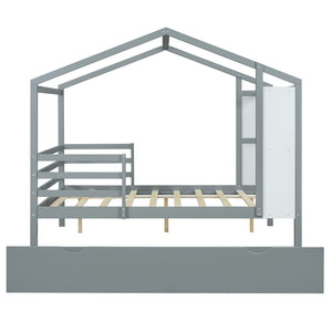 HomeRoots Gray Wood Full House Bed with Trundle - Modern, Space-Saving Design for Stylish Sleep Solutions 590676