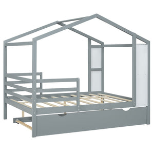 HomeRoots Gray Wood Full House Bed with Trundle - Modern, Space-Saving Design for Stylish Sleep Solutions 590676