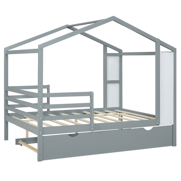 HomeRoots Gray Wood Full House Bed with Trundle - Modern, Space-Saving Design for Stylish Sleep Solutions 590676