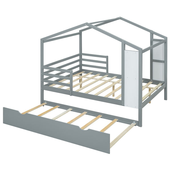 HomeRoots Gray Wood Full House Bed with Trundle - Modern, Space-Saving Design for Stylish Sleep Solutions 590676