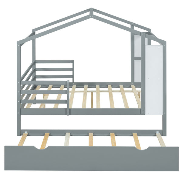 HomeRoots Gray Wood Full House Bed with Trundle - Modern, Space-Saving Design for Stylish Sleep Solutions 590676