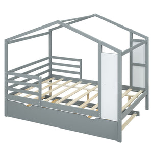 HomeRoots Gray Wood Full House Bed with Trundle - Modern, Space-Saving Design for Stylish Sleep Solutions 590676