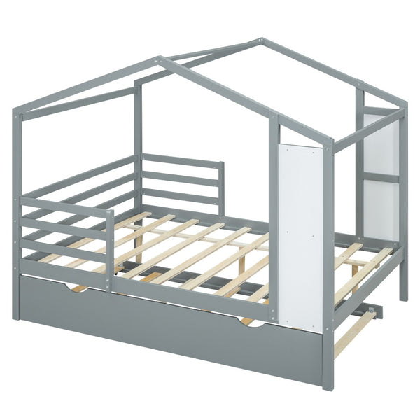 HomeRoots Gray Wood Full House Bed with Trundle - Modern, Space-Saving Design for Stylish Sleep Solutions 590676