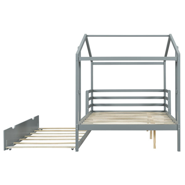 HomeRoots Gray Wood Full House Bed with Trundle - Modern, Space-Saving Design for Stylish Sleep Solutions 590676