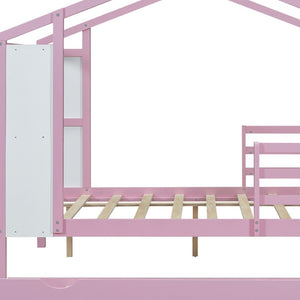 HomeRoots Pink Wooden Full House Bed with Trundle - Charming Space-Saving Design for Kids’ Sleepovers & More! 590677