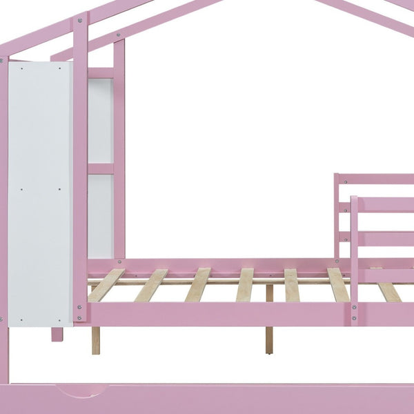 HomeRoots Pink Wooden Full House Bed with Trundle - Charming Space-Saving Design for Kids’ Sleepovers & More! 590677