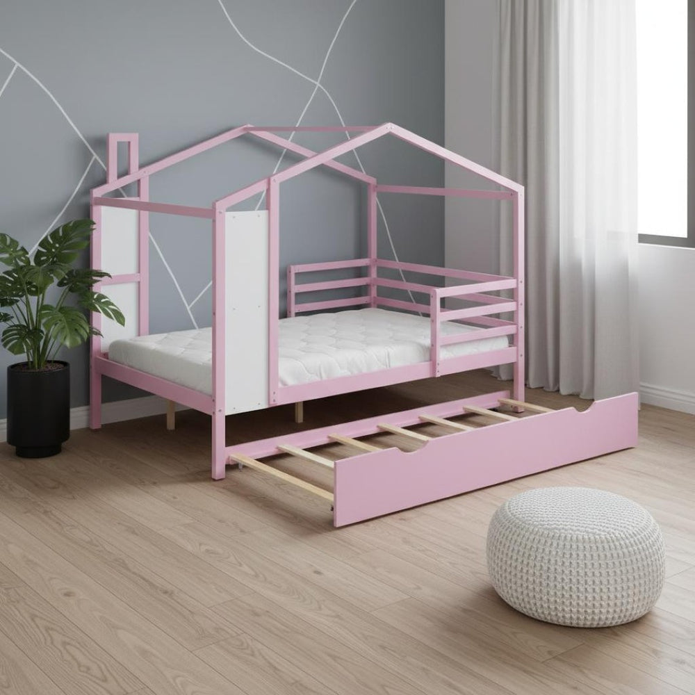 HomeRoots Pink Wooden Full House Bed with Trundle - Charming Space-Saving Design for Kids’ Sleepovers & More! 590677