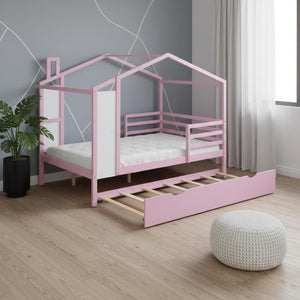 HomeRoots Pink Wooden Full House Bed with Trundle - Charming Space-Saving Design for Kids’ Sleepovers & More! 590677