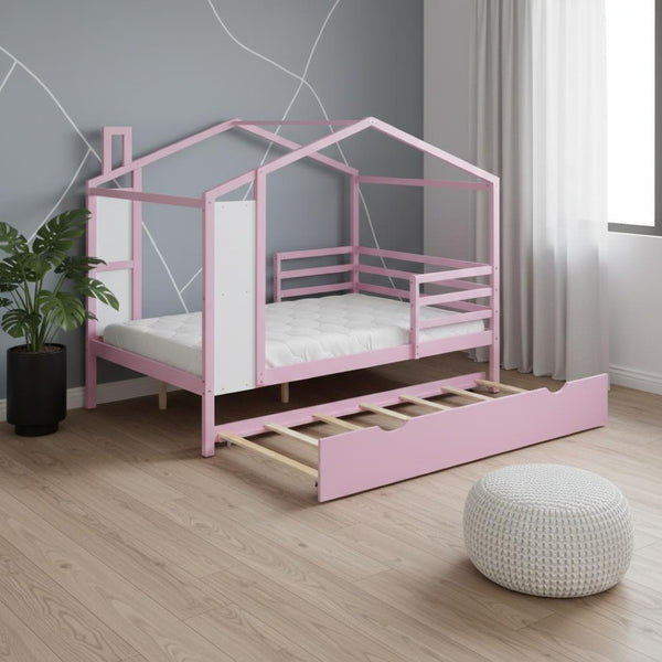 HomeRoots Pink Wooden Full House Bed with Trundle - Charming Space-Saving Design for Kids’ Sleepovers & More! 590677
