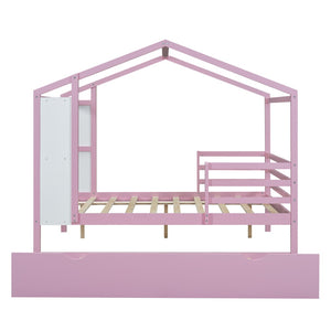 HomeRoots Pink Wooden Full House Bed with Trundle - Charming Space-Saving Design for Kids’ Sleepovers & More! 590677
