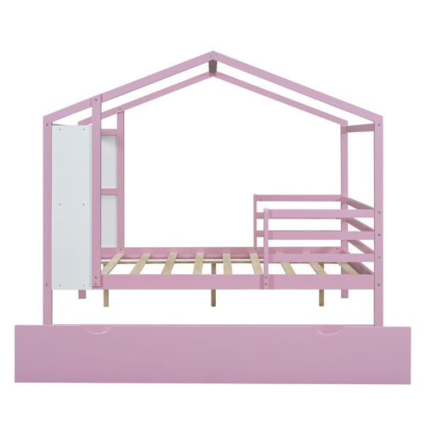 HomeRoots Pink Wooden Full House Bed with Trundle - Charming Space-Saving Design for Kids’ Sleepovers & More! 590677