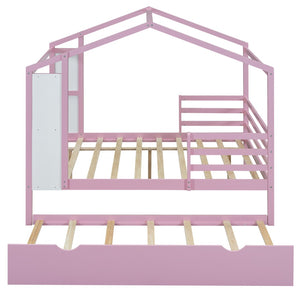 HomeRoots Pink Wooden Full House Bed with Trundle - Charming Space-Saving Design for Kids’ Sleepovers & More! 590677