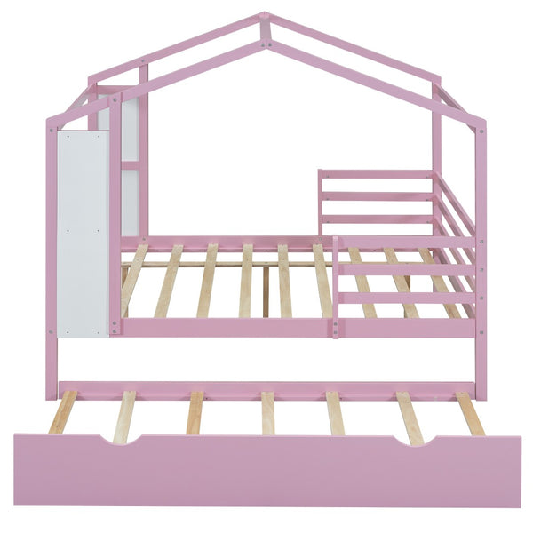 HomeRoots Pink Wooden Full House Bed with Trundle - Charming Space-Saving Design for Kids’ Sleepovers & More! 590677