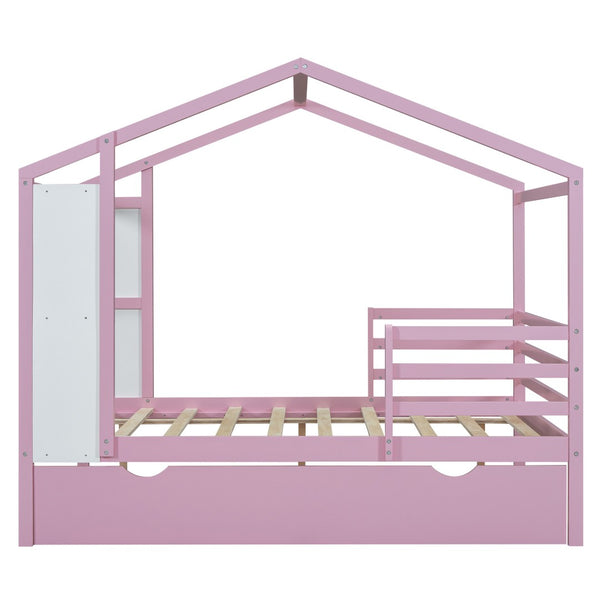 HomeRoots Pink Wooden Full House Bed with Trundle - Charming Space-Saving Design for Kids’ Sleepovers & More! 590677