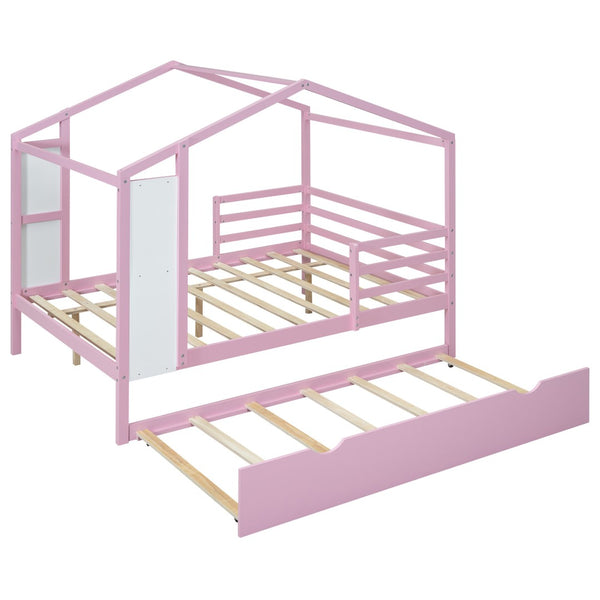 HomeRoots Pink Wooden Full House Bed with Trundle - Charming Space-Saving Design for Kids’ Sleepovers & More! 590677