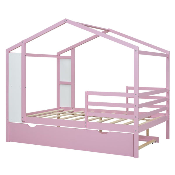 HomeRoots Pink Wooden Full House Bed with Trundle - Charming Space-Saving Design for Kids’ Sleepovers & More! 590677