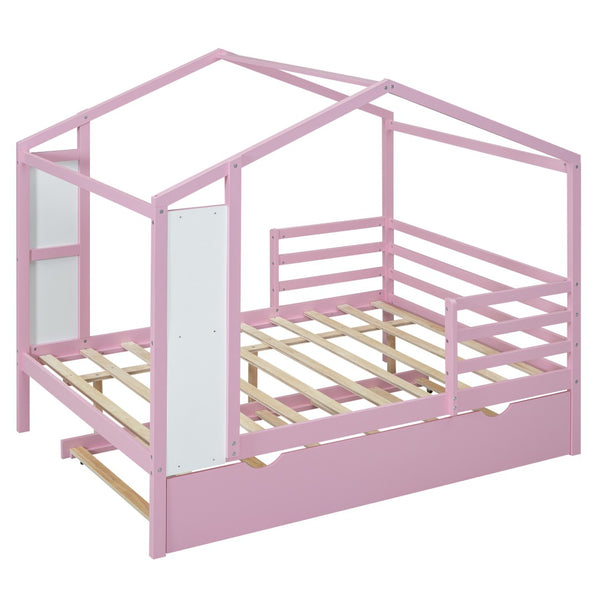 HomeRoots Pink Wooden Full House Bed with Trundle - Charming Space-Saving Design for Kids’ Sleepovers & More! 590677