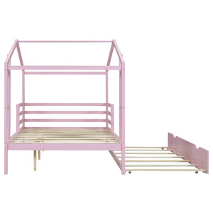 HomeRoots Pink Wooden Full House Bed with Trundle - Charming Space-Saving Design for Kids’ Sleepovers & More! 590677