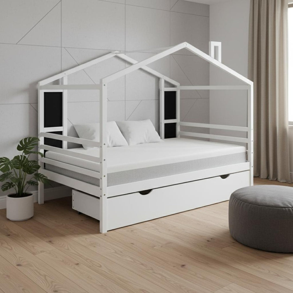 HomeRoots White Wood Full House Bed with Trundle – Modern Design, Durable Frame, Perfect for Cozy Guest Rooms! 590678