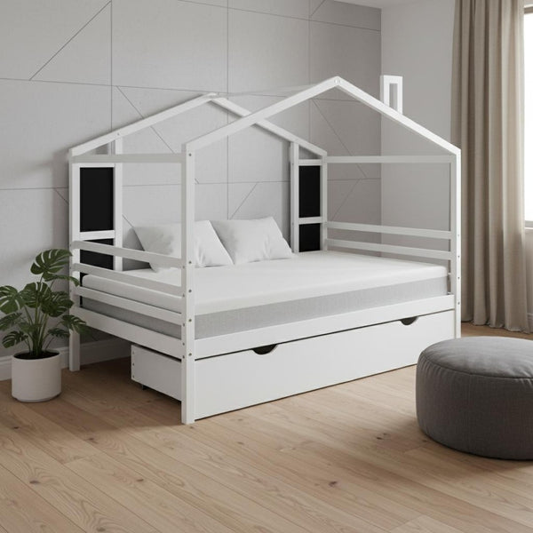 HomeRoots White Wood Full House Bed with Trundle – Modern Design, Durable Frame, Perfect for Cozy Guest Rooms! 590678