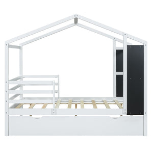 HomeRoots White Wood Full House Bed with Trundle – Modern Design, Durable Frame, Perfect for Cozy Guest Rooms! 590678