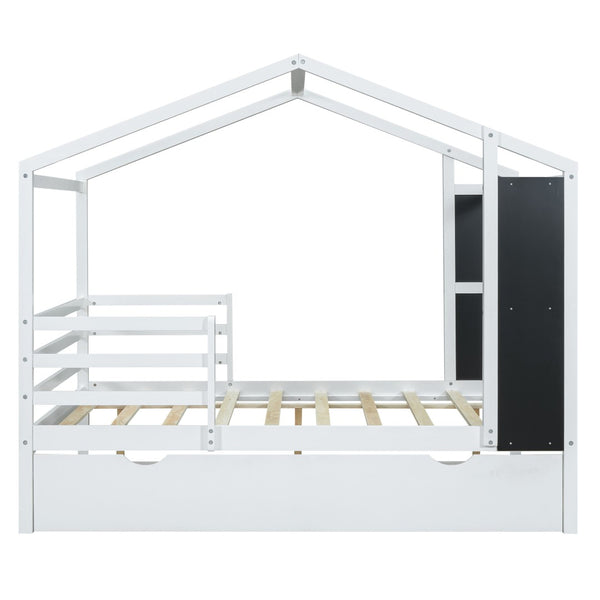 HomeRoots White Wood Full House Bed with Trundle – Modern Design, Durable Frame, Perfect for Cozy Guest Rooms! 590678
