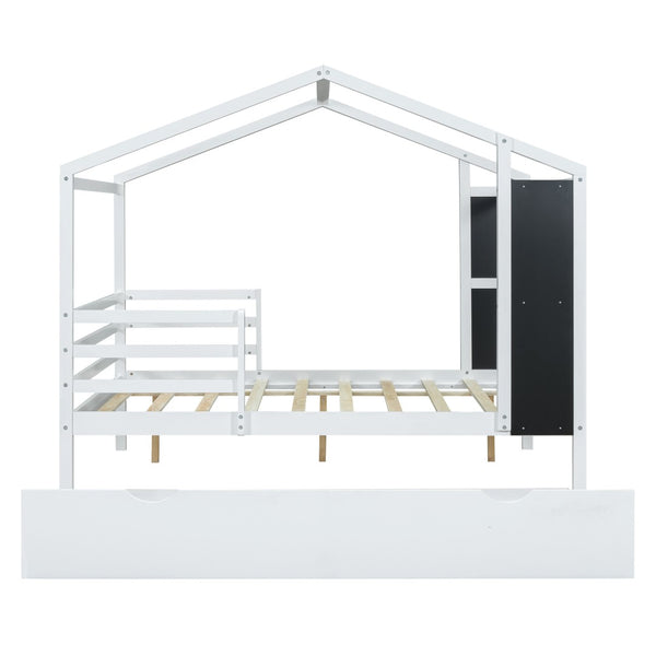 HomeRoots White Wood Full House Bed with Trundle – Modern Design, Durable Frame, Perfect for Cozy Guest Rooms! 590678