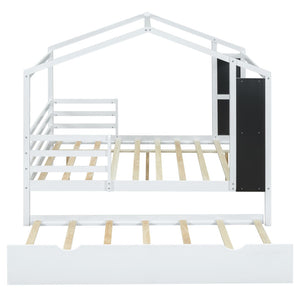 HomeRoots White Wood Full House Bed with Trundle – Modern Design, Durable Frame, Perfect for Cozy Guest Rooms! 590678