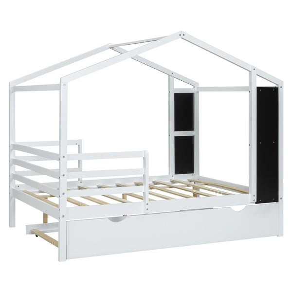 HomeRoots White Wood Full House Bed with Trundle – Modern Design, Durable Frame, Perfect for Cozy Guest Rooms! 590678