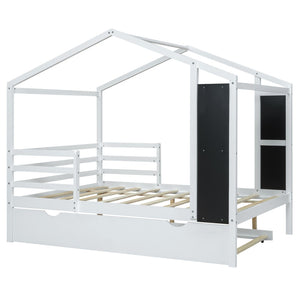 HomeRoots White Wood Full House Bed with Trundle – Modern Design, Durable Frame, Perfect for Cozy Guest Rooms! 590678