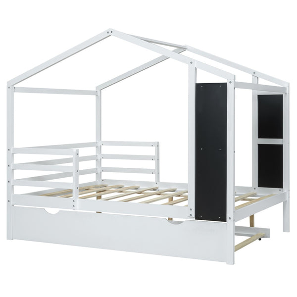 HomeRoots White Wood Full House Bed with Trundle – Modern Design, Durable Frame, Perfect for Cozy Guest Rooms! 590678