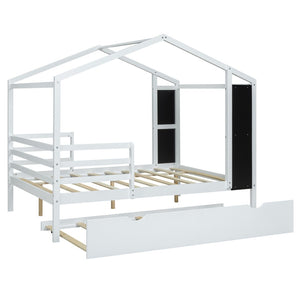 HomeRoots White Wood Full House Bed with Trundle – Modern Design, Durable Frame, Perfect for Cozy Guest Rooms! 590678