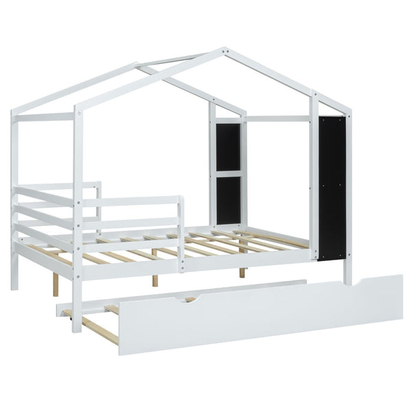HomeRoots White Wood Full House Bed with Trundle – Modern Design, Durable Frame, Perfect for Cozy Guest Rooms! 590678