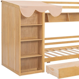 HomeRoots Natural Wood Twin House Bed with Drawers - Stylish, Durable, Space-Saving Design for Kids' Rooms 590679