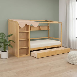 HomeRoots Natural Wood Twin House Bed with Drawers - Stylish, Durable, Space-Saving Design for Kids' Rooms 590679