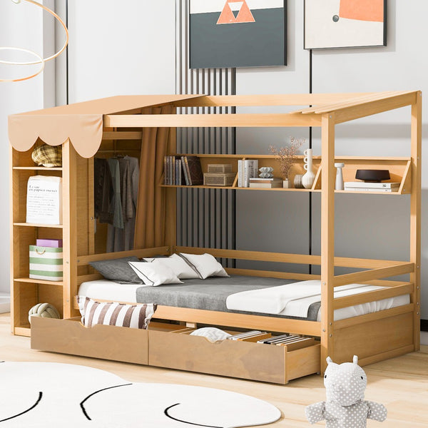 HomeRoots Natural Wood Twin House Bed with Drawers - Stylish, Durable, Space-Saving Design for Kids' Rooms 590679