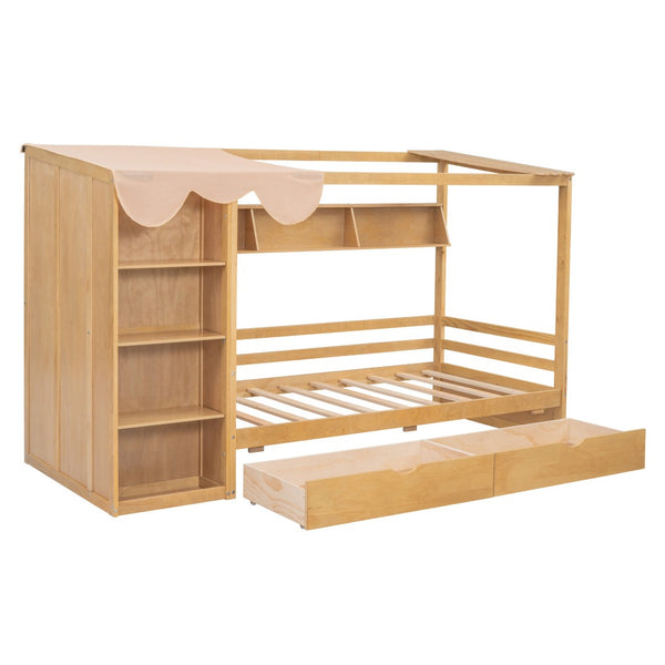 HomeRoots Natural Wood Twin House Bed with Drawers - Stylish, Durable, Space-Saving Design for Kids' Rooms 590679