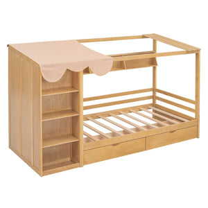 HomeRoots Natural Wood Twin House Bed with Drawers - Stylish, Durable, Space-Saving Design for Kids' Rooms 590679