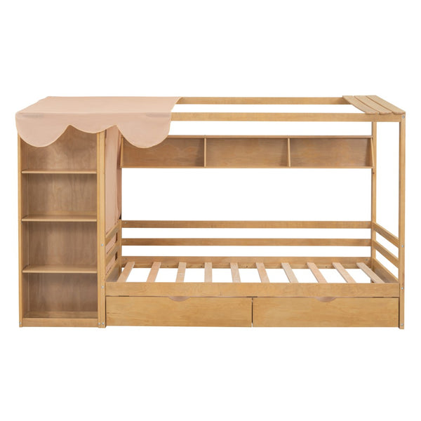 HomeRoots Natural Wood Twin House Bed with Drawers - Stylish, Durable, Space-Saving Design for Kids' Rooms 590679