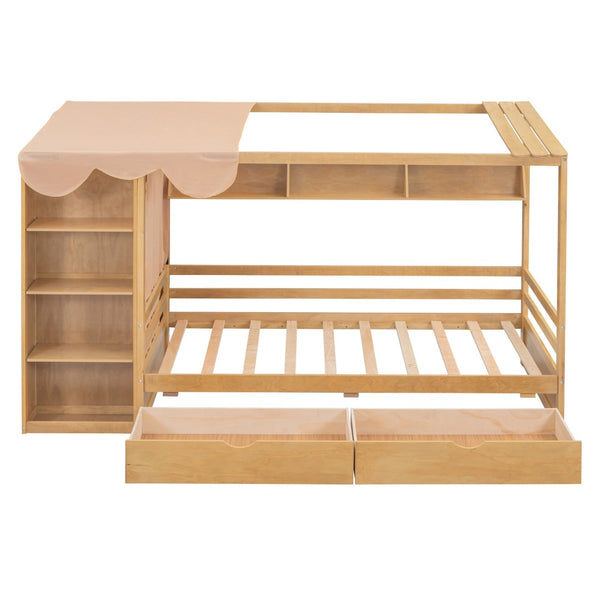 HomeRoots Natural Wood Twin House Bed with Drawers - Stylish, Durable, Space-Saving Design for Kids' Rooms 590679