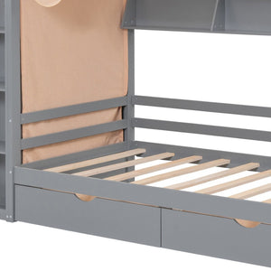 HomeRoots Gray Wood Twin House Bed with Drawers - Stylish Cozy Design, Space-Saving Storage & Sturdy Support 590680