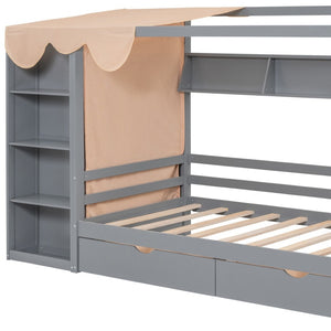 HomeRoots Gray Wood Twin House Bed with Drawers - Stylish Cozy Design, Space-Saving Storage & Sturdy Support 590680