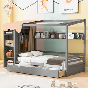 HomeRoots Gray Wood Twin House Bed with Drawers - Stylish Cozy Design, Space-Saving Storage & Sturdy Support 590680