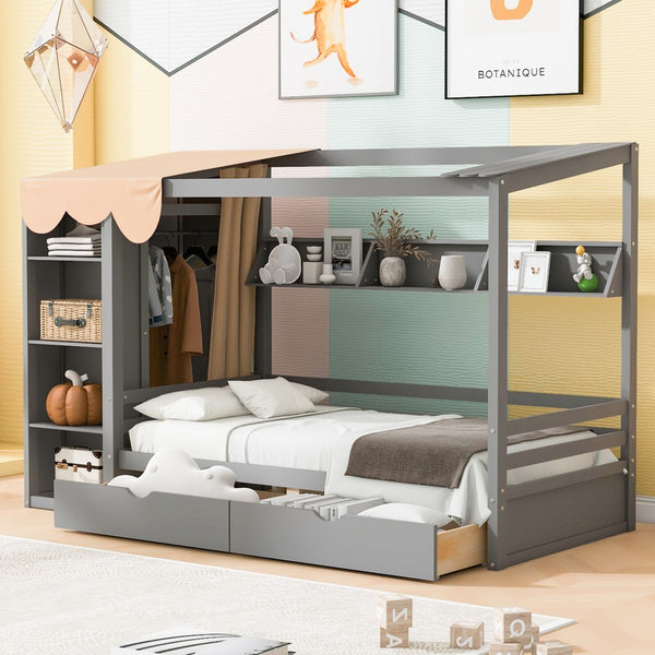 HomeRoots Gray Wood Twin House Bed with Drawers - Stylish Cozy Design, Space-Saving Storage & Sturdy Support 590680