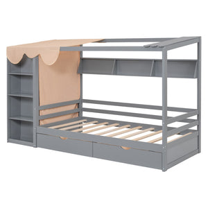 HomeRoots Gray Wood Twin House Bed with Drawers - Stylish Cozy Design, Space-Saving Storage & Sturdy Support 590680