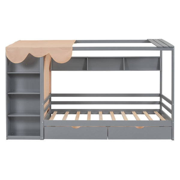 HomeRoots Gray Wood Twin House Bed with Drawers - Stylish Cozy Design, Space-Saving Storage & Sturdy Support 590680